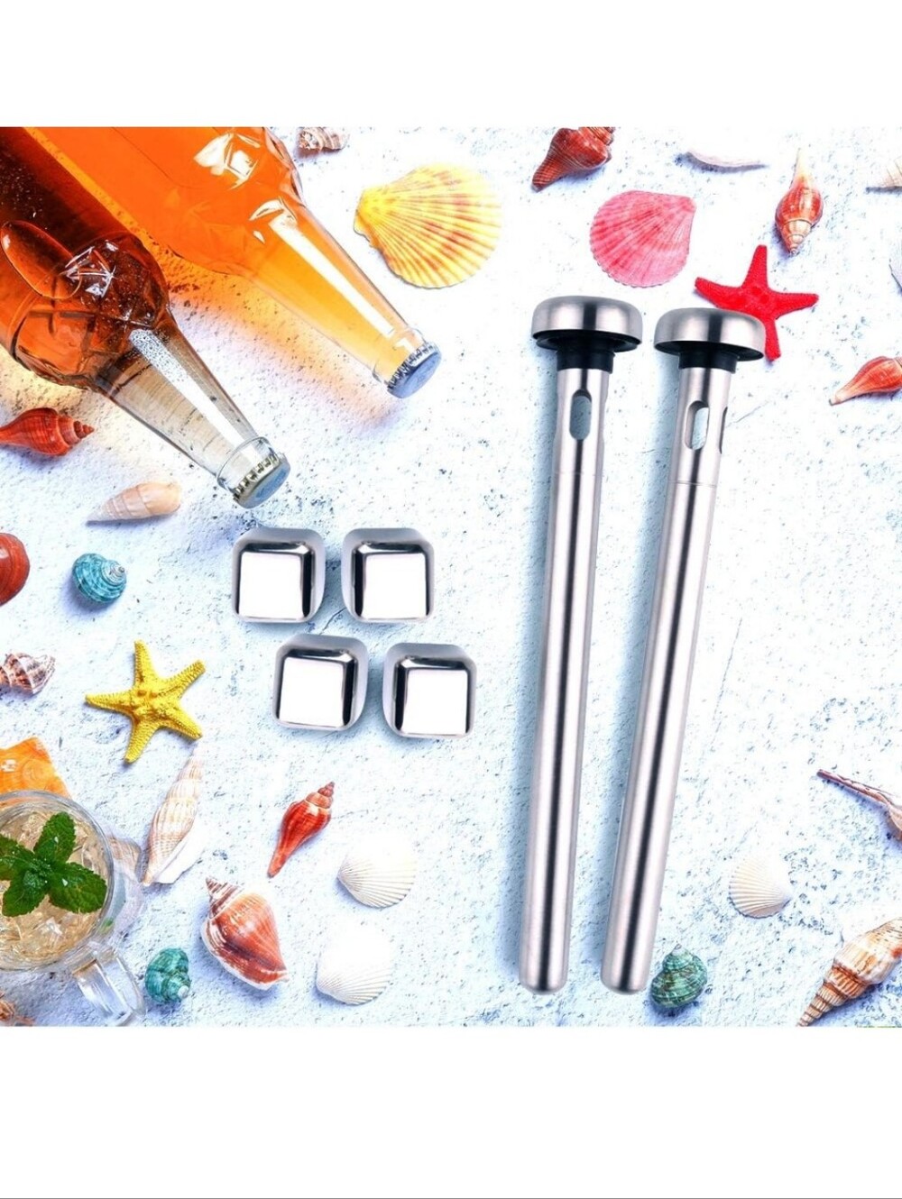 NWT Stainless Steel Drink Chiller Sticks and Reusable Ice Cubes - Silver